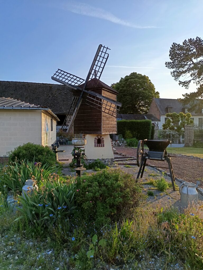 jolie jardin avec un mini moulin